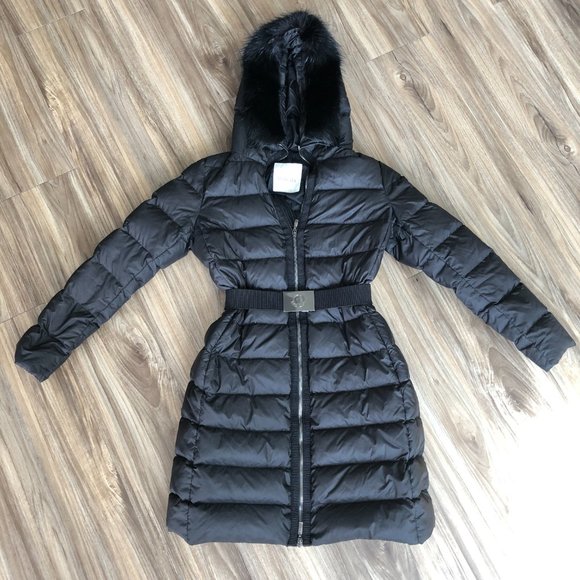 Moncler Long Coat Fur Trim Belted Black and Free Silk Face Mask - Picture 1 of 14